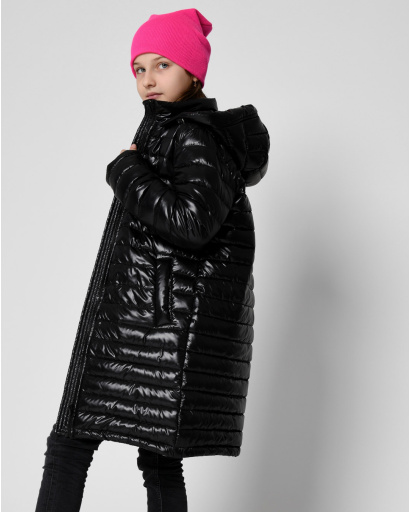 Довга стьобана чорна куртка для дівчинки 53329, Колір: Чорний, Розмір: 140, зображення 3