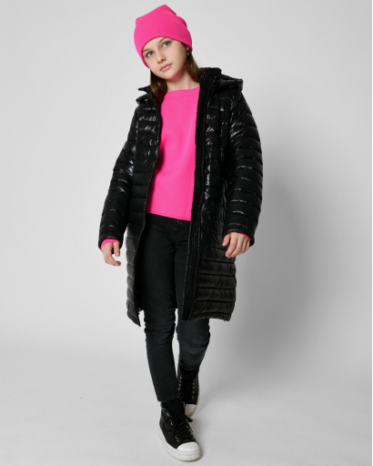 Довга стьобана чорна куртка для дівчинки 53329, Колір: Чорний, Розмір: 140, зображення 4