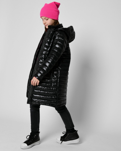 Довга стьобана чорна куртка для дівчинки 53329, Колір: Чорний, Розмір: 140, зображення 5