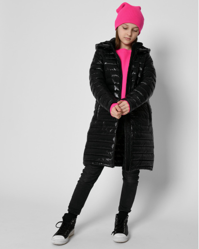 Довга стьобана чорна куртка для дівчинки 53329, Колір: Чорний, Розмір: 140, зображення 7