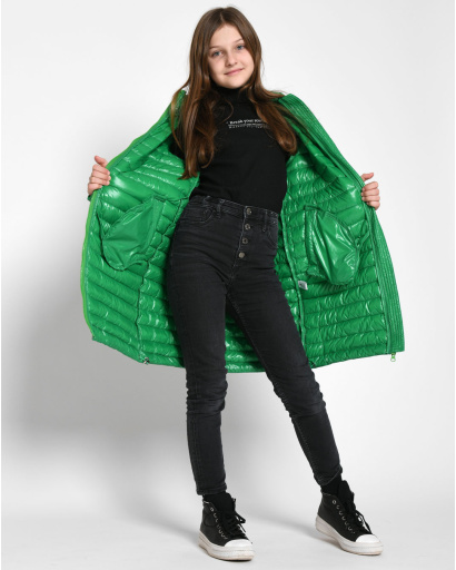 Довга стьобана зелена куртка для дівчинки 53330, Колір: Зелений, Розмір: 140, зображення 2