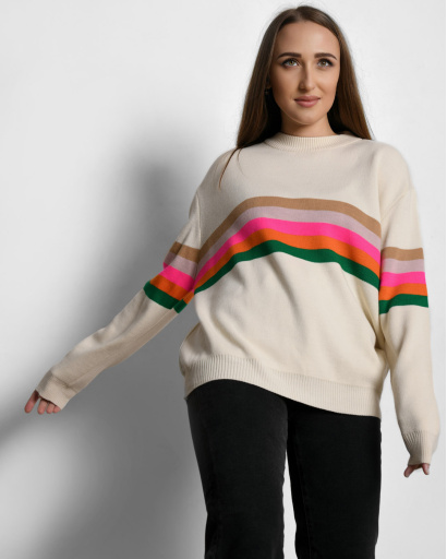 Жіночий джемпер оверсайз зі смужками 55301, Колір: Молочний, Розмір: ONE SIZE, зображення 5