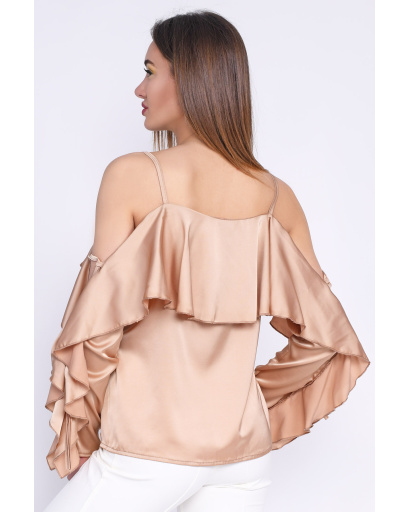 Шовкова золота блуза з відкритими плечима 35681, Колір: Золото, Розмір: ONE SIZE, зображення 3