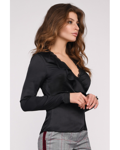 Чорна шовкова блуза 35062, Колір: Чорний, Розмір: XS, зображення 2