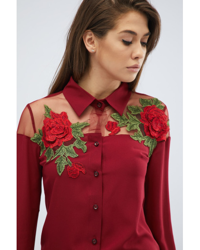 Оригинальная блузка цвета марсала с цветочной нашивкой 27951, Цвет: Бургунди, Размер: M, изображение 3