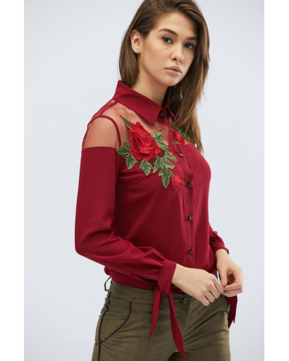 Оригинальная блузка цвета марсала с цветочной нашивкой 27951, Цвет: Бургунди, Размер: M, изображение 4