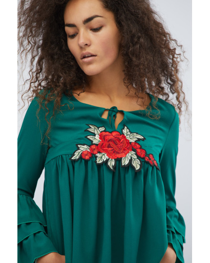 Смарагдова блуза з рюшами в етнічному стилі 27952, Колір: Смарагдовий, Розмір: XS, зображення 2