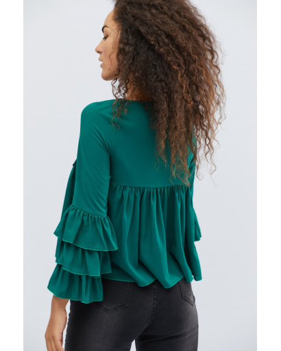 Смарагдова блуза з рюшами в етнічному стилі 27952, Колір: Смарагдовий, Розмір: XS, зображення 3