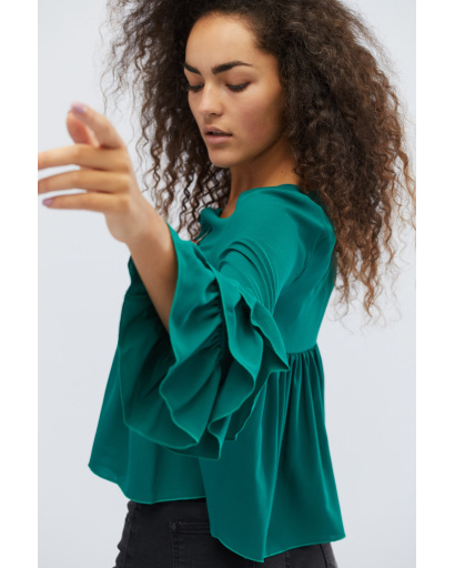 Смарагдова блуза з рюшами в етнічному стилі 27952, Колір: Смарагдовий, Розмір: XS, зображення 4