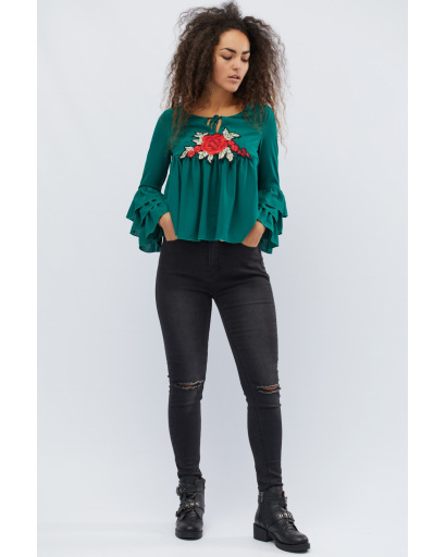 Смарагдова блуза з рюшами в етнічному стилі 27952, Колір: Смарагдовий, Розмір: XS, зображення 5