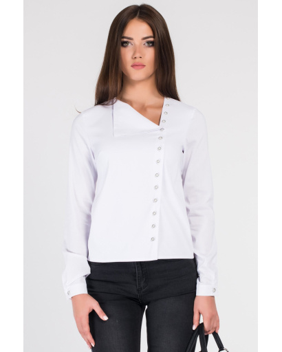 Асиметрична біла блуза з відкладним коміром 34086, Колір: Білий, Розмір: XS, зображення 3