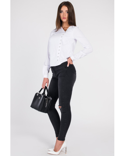 Асиметрична біла блуза з відкладним коміром 34086, Колір: Білий, Розмір: XS, зображення 4