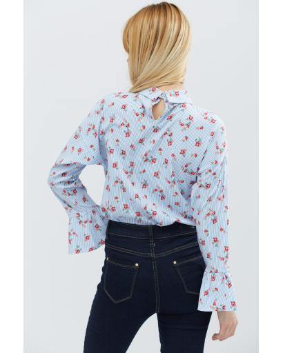 Шифонова блакитна блуза в квіточку 27447, Колір: Блакитний, Розмір: XS, зображення 3