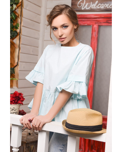 Голубая женская блуза с рюшами 32954, Цвет: Голубой, Размер: XS, изображение 2