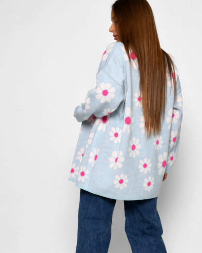 Жіночий кардиган з малюнком ромашки 52090, Колір: Блакитний, Розмір: ONE SIZE, зображення 2