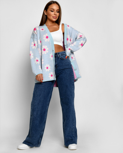 Жіночий кардиган з малюнком ромашки 52090, Колір: Блакитний, Розмір: ONE SIZE, зображення 3