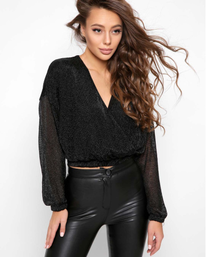 Святкова чорна блузка з блискучої сітки 39113, Колір: Чорний, Розмір: L, зображення 4