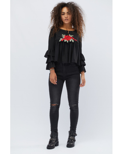 Чёрная блузка с рюшами в этническом стиле 27909, Цвет: Черный, Размер: XS, изображение 3