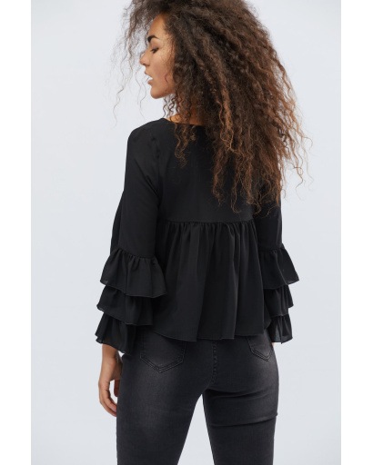 Чёрная блузка с рюшами в этническом стиле 27909, Цвет: Черный, Размер: XS, изображение 4