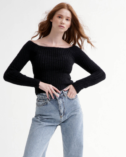 Жіночий в'язаний топ зі спущеним плечем 55767, Колір: Чорний, Розмір: ONE SIZE, зображення 2