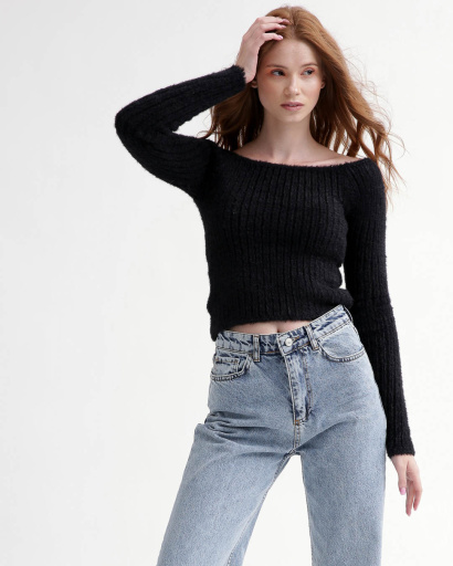 Жіночий в'язаний топ зі спущеним плечем 55767, Колір: Чорний, Розмір: ONE SIZE, зображення 3