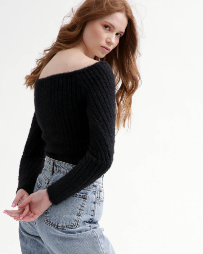 Жіночий в'язаний топ зі спущеним плечем 55767, Колір: Чорний, Розмір: ONE SIZE, зображення 4