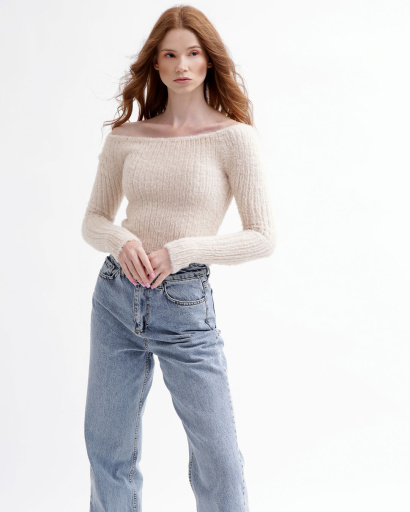 Женский вязаный топ со спущенным плечом 55768, Цвет: Молочний, Размер: ONE SIZE, изображение 3