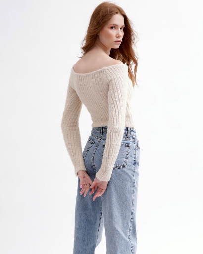 Женский вязаный топ со спущенным плечом 55768, Цвет: Молочний, Размер: ONE SIZE, изображение 4