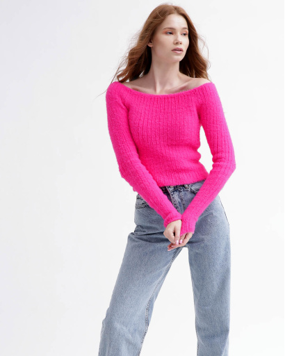 Жіночий в'язаний малиновий топ зі спущеним плечем 55770, Колір: Малина, Розмір: ONE SIZE, зображення 3