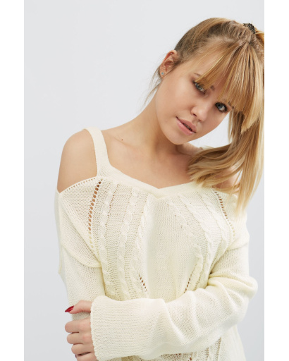 Стильный вязаный молочный джемпер 20468, Цвет: Молочний, Размер: ONE SIZE, изображение 4