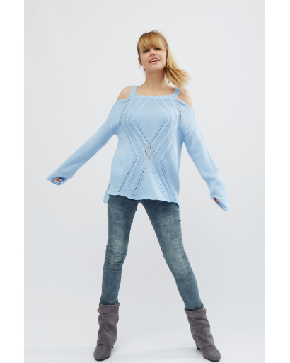 Стильный вязаный голубой джемпер 20469, Цвет: Голубой, Размер: ONE SIZE, изображение 2