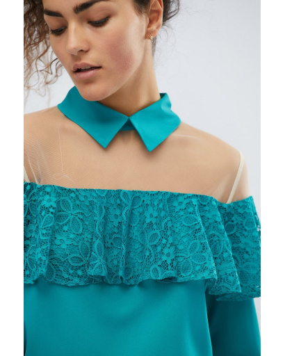 Бірюзова блузка з рюшею 32527, Колір: Бірюзовий, Розмір: XS, зображення 2