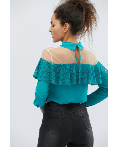 Бірюзова блузка з рюшею 32527, Колір: Бірюзовий, Розмір: XS, зображення 3