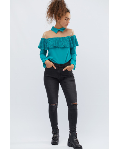 Бірюзова блузка з рюшею 32527, Колір: Бірюзовий, Розмір: XS, зображення 4