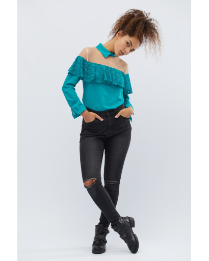 Бірюзова блузка з рюшею 32527, Колір: Бірюзовий, Розмір: XS, зображення 5