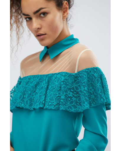 Бірюзова блузка з рюшею 32527, Колір: Бірюзовий, Розмір: XS, зображення 6