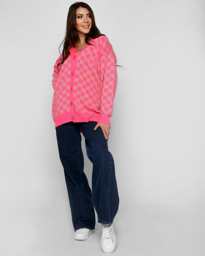 Женский кардиган с шахматным рисунком и смайлами 52103, Цвет: Малина, Размер: ONE SIZE, изображение 2