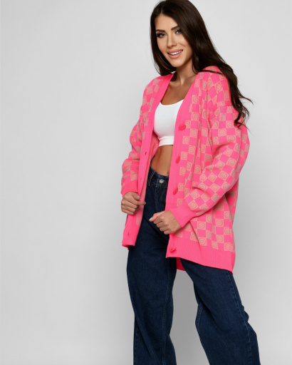 Женский кардиган с шахматным рисунком и смайлами 52103, Цвет: Малина, Размер: ONE SIZE, изображение 3