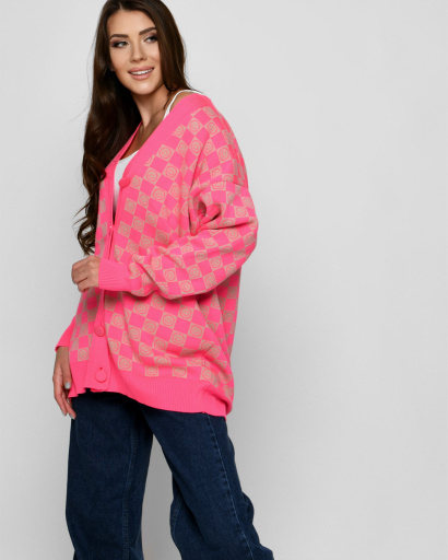 Женский кардиган с шахматным рисунком и смайлами 52103, Цвет: Малина, Размер: ONE SIZE, изображение 4