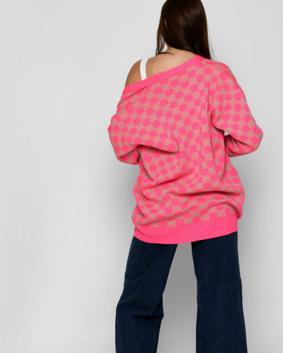 Женский кардиган с шахматным рисунком и смайлами 52103, Цвет: Малина, Размер: ONE SIZE, изображение 5