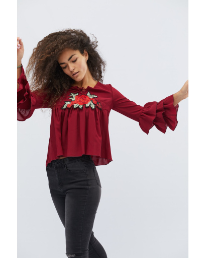 Блуза марсала з рюшами в етнічному стилі 27953, Колір: Бургунді, Розмір: S, зображення 2