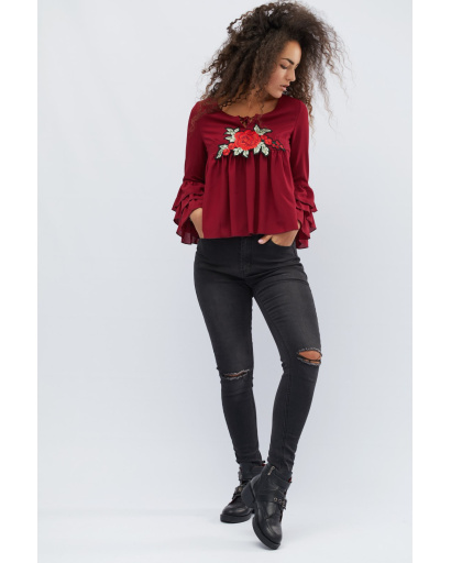 Блуза марсала з рюшами в етнічному стилі 27953, Колір: Бургунді, Розмір: S, зображення 3