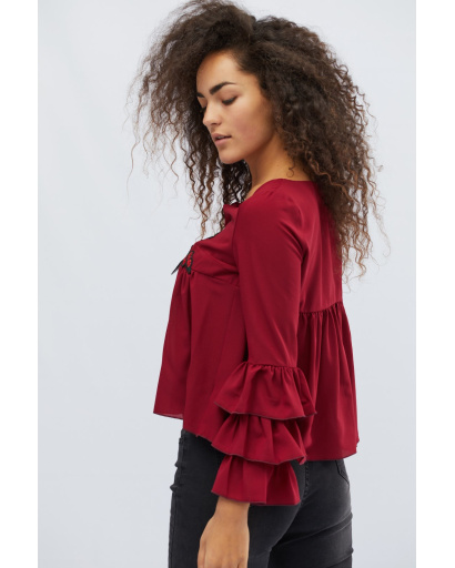 Блуза марсала з рюшами в етнічному стилі 27953, Колір: Бургунді, Розмір: S, зображення 4