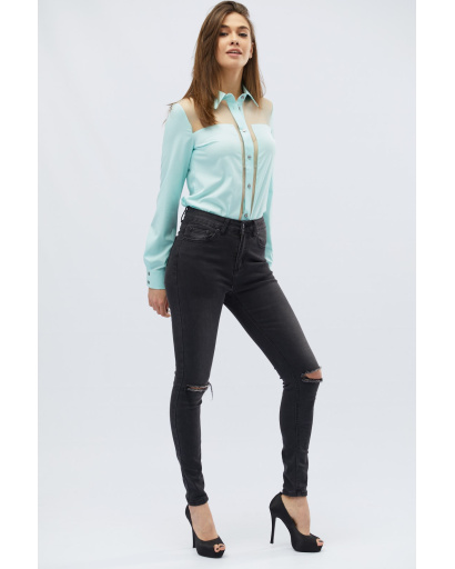 Стильна нефритова блузка на ґудзиках 27962, Колір: М'ята, Розмір: XS, зображення 2