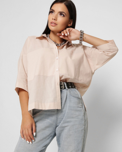 Хлопковая бежевая блуза oversize 37398, Цвет: Бежевый, Размер: XS, изображение 3