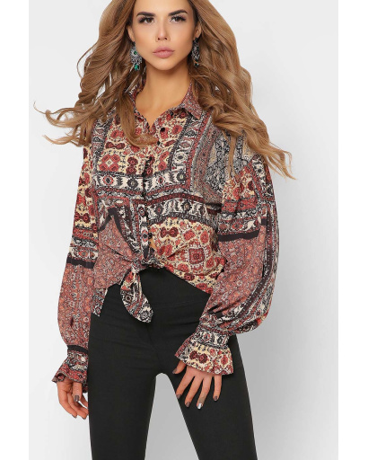 Широка теракотова блузка з орнаментом в етно стилі 36737, Колір: Теракот, Розмір: XS, зображення 2