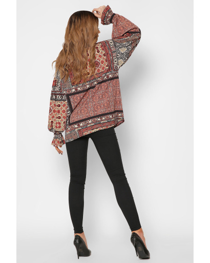 Широка теракотова блузка з орнаментом в етно стилі 36737, Колір: Теракот, Розмір: XS, зображення 4