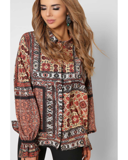 Широка теракотова блузка з орнаментом в етно стилі 36737, Колір: Теракот, Розмір: XS, зображення 5