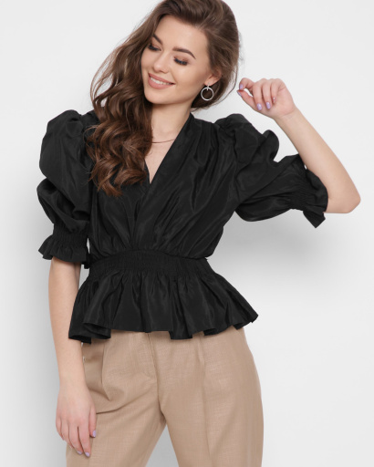 Чорна блузка з рюшами 43320, Колір: Чорний, Розмір: M, зображення 2