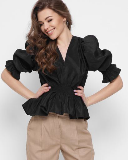 Чорна блузка з рюшами 43320, Колір: Чорний, Розмір: M, зображення 3